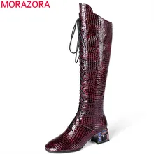 MORAZORA/Новое поступление года; женские сапоги до колена; сапоги наивысшего качества; сезон осень-зима; модельные вечерние женские туфли на шнуровке, на молнии, с прозрачным каблуком