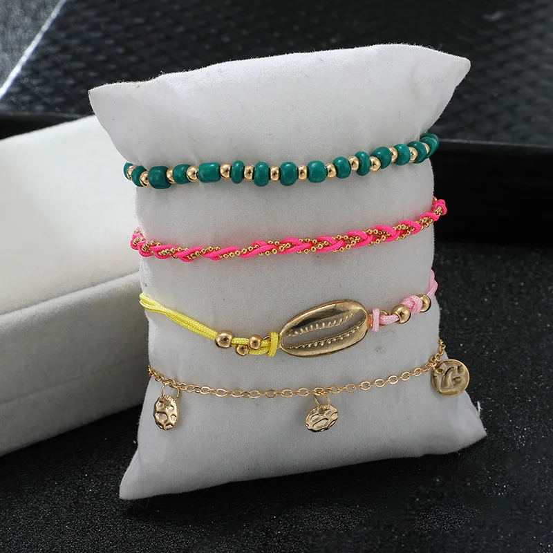 Винтаж под старину браслет золотого цвета Для женщин 4 слоя оболочки блестками бусины Браслет Подвески в богемном стиле, с браслетом на лодыжке в стиле «Бохо ног Ювелирные изделия