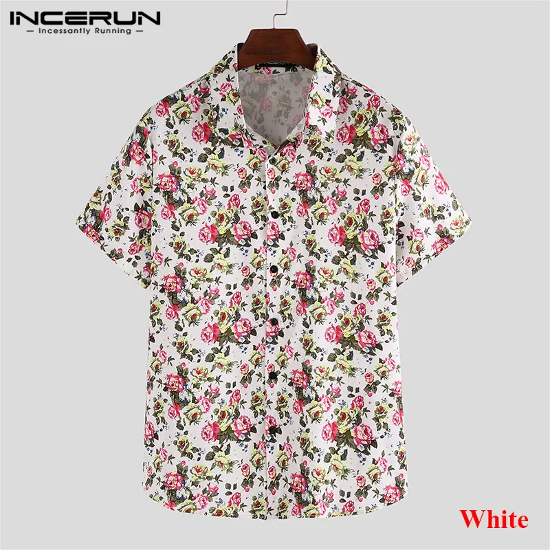 White Shirt INCERUN Летняя мужская рубашка с цветочным принтом, с коротким рукавом, на пуговицах, дышащая, повседневная, для отдыха, гавайская рубашка, мужская рубашка, 3XL - Цвет: White Shirt