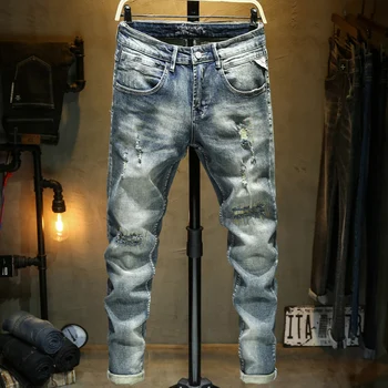 

Italian Style Fashion Men Jeans Slim Fit Destroyed Ripped Jeans Men Light Blue Casual Denim Pants Streetwear Hip Hop Jeans Homme