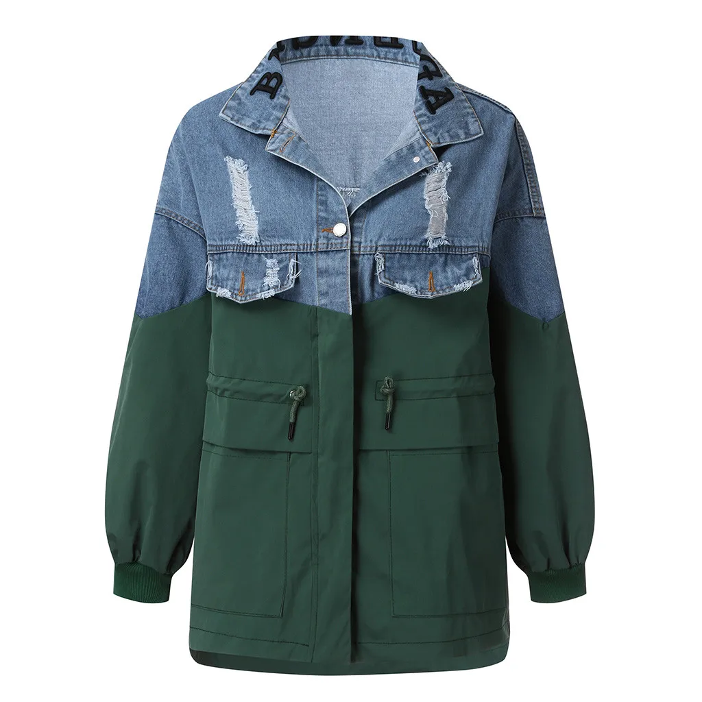 Army Green Женская джинсовая куртка, трендовая Зимняя мода, стрейтнер, рваная джинсовая куртка с длинным рукавом, комбинированная джинсовая куртка с карманом, верхняя одежда, ковбойские пальто 9,26 - Цвет: Army Green