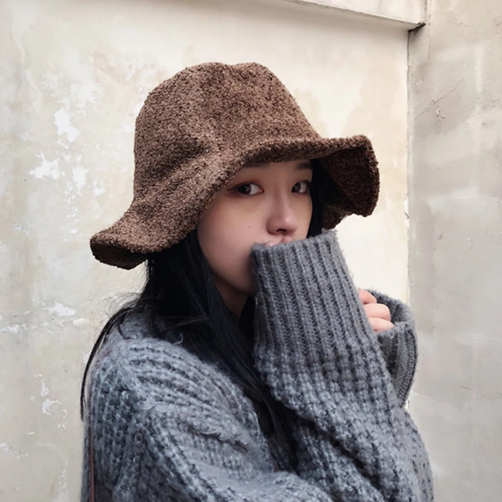 Winter Fashion Bucket Hats Women Men Solid Color Wide Brim Warm Woolen Bucket Hat Cap Fisherman Hat Wild Ruffled Hats