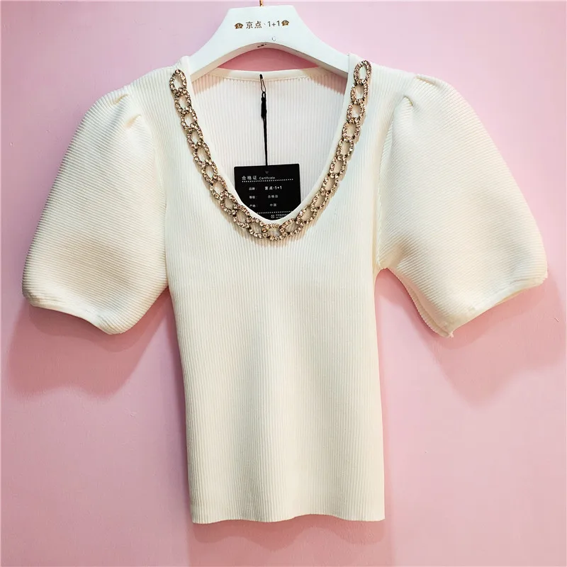

Cropped Sweater Women New V-neck Large Chain Puff Sleeve Knitted Sweater Lady's Slim Stretch Top Short Casual Elegant Jumper Top