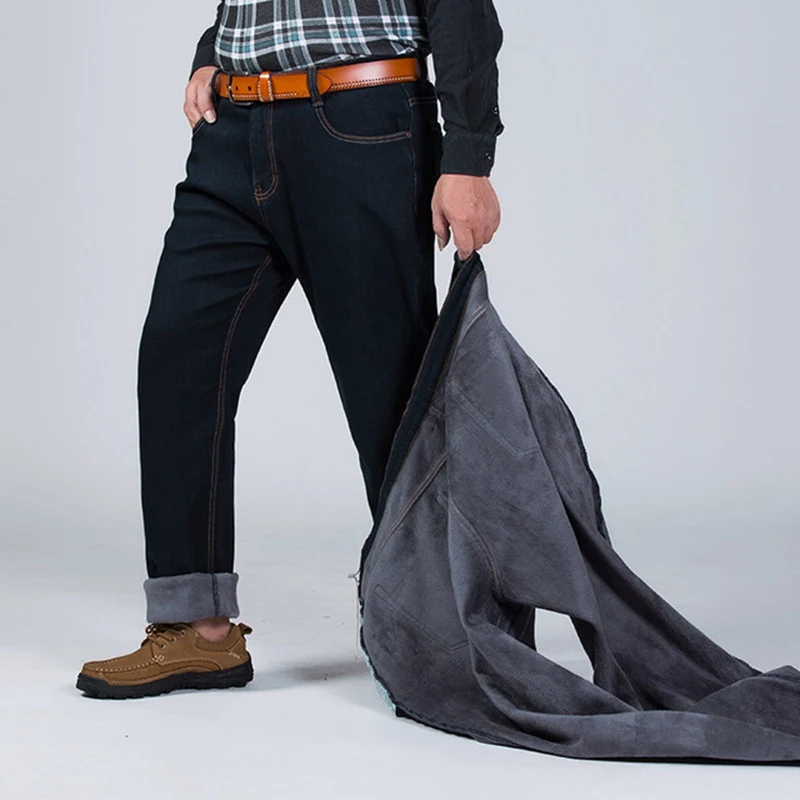 Winter plus size plus velvet thick jeans men fat people loose increase big size warm pants 52 50 48 high waist male large size - Цвет: Dark blue (black)