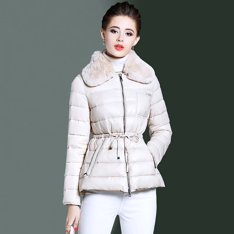 Beste 90% Witte Eend Donsjack Korte Jas 2019 Vrouwelijke Slanke Down Jassen Vrouwen Grote Echte Rex Konijn Bontkraag Sneeuw uitloper Waterdicht