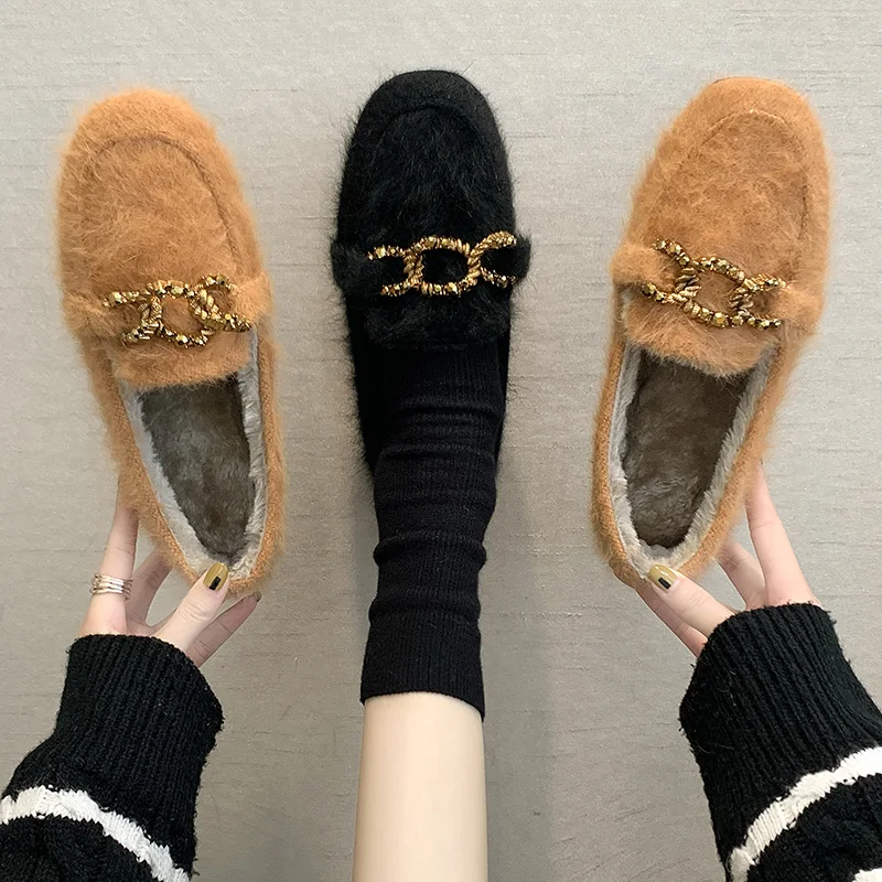 

Casual Woman Shoe Loafers Fur Winter Shoes Women Slip-on Autumn Square Toe Women's Moccasins Slip On New Fall Cotton Fabric PVC