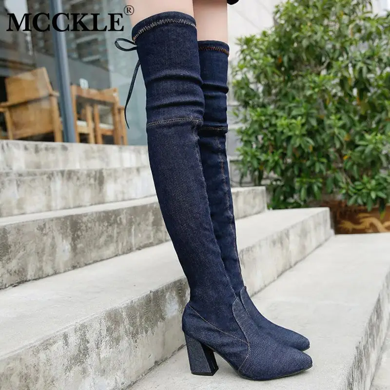

MCCKLE Women Denim Over The Knee High Boots Woman Stretch Slim Slip On High Heel Female Shoes Ladies Women's Pointed Toe Boots