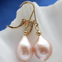 New Arrival Unique Pearl Jewelry Huge 15mm Pink Baroque Freshwater Pearl Dangle Earring 14k-20 Gold Hook Charming Women Gift 1
