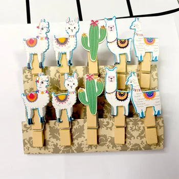 

10pcs/lot Kawaii Fun Alpaca Wooden Clips Mini Photo Paper Craft Clip School Decoration Stationery With Hemp Rope