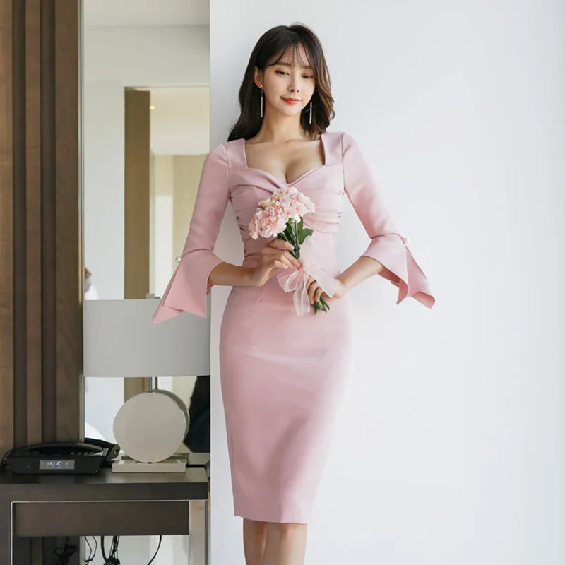 

WOMEN'S Dress 2020 Spring New Products Debutante Elegant V-neck Low-Cut Slim Fit Sheath Bell Sleeve Formal Dress