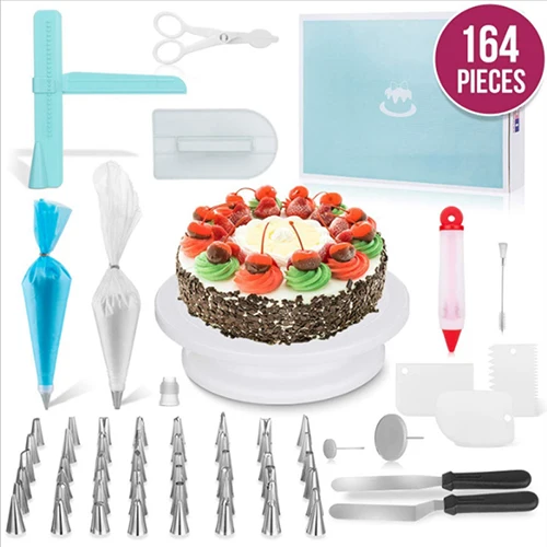 164PCS 164 шт./компл. многофункциональный поворотный стол для торта, инструменты для работы с декоративной инструментов Кондитерские насадки Fondant(сахарная) инструмент Кухня десерт для выпечки - Цвет: 164PCS