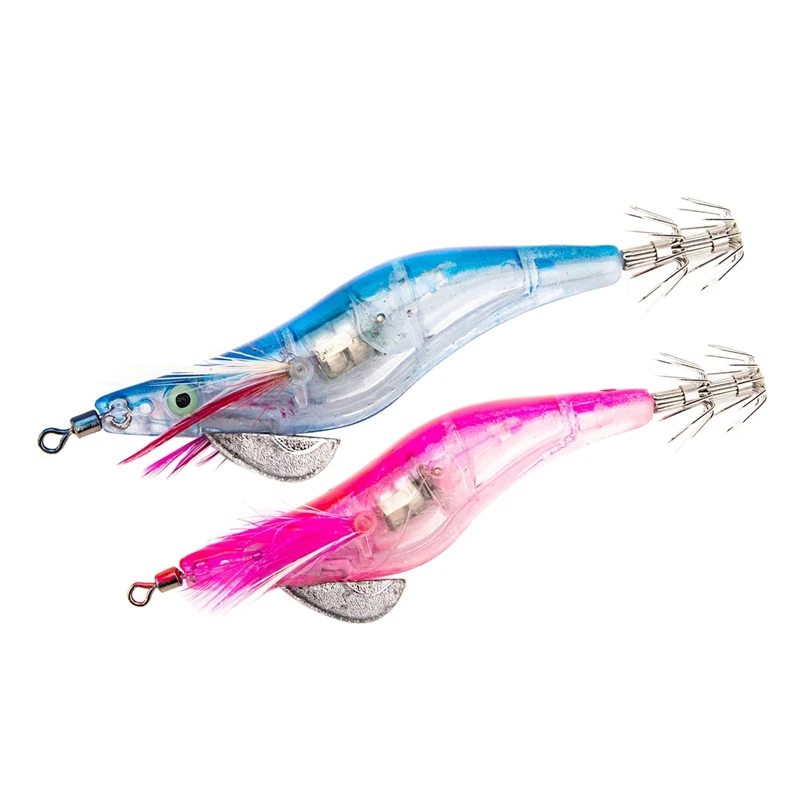 2 Pcs Flashing LED Fishing Lure Flash Light 10Cm Minnow Luminous Squid Jig Shrimp Bait Night Fishing Lure, Blue& Rose Red
