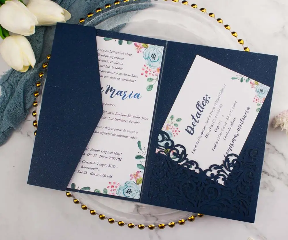  free shipping 100pcs Vine tri fold wedding invitation cards with envelope insert RSVP 3 fold laser  - 4000330802854