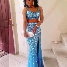 Шикарные Платья на тонких бретельках, украшенные кристаллами, с бисером, для выпускного вечера, с разрезом по бокам, из двух частей, вечерние платья для особых случаев, роскошное вечернее платье