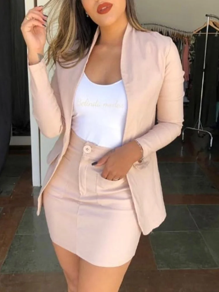 Ninimour Women Solid Blazer & Pocket Skirt Sets 2021 Elegant Femme Two Pieces Suit Office Lady Outfits Overalls Traf |