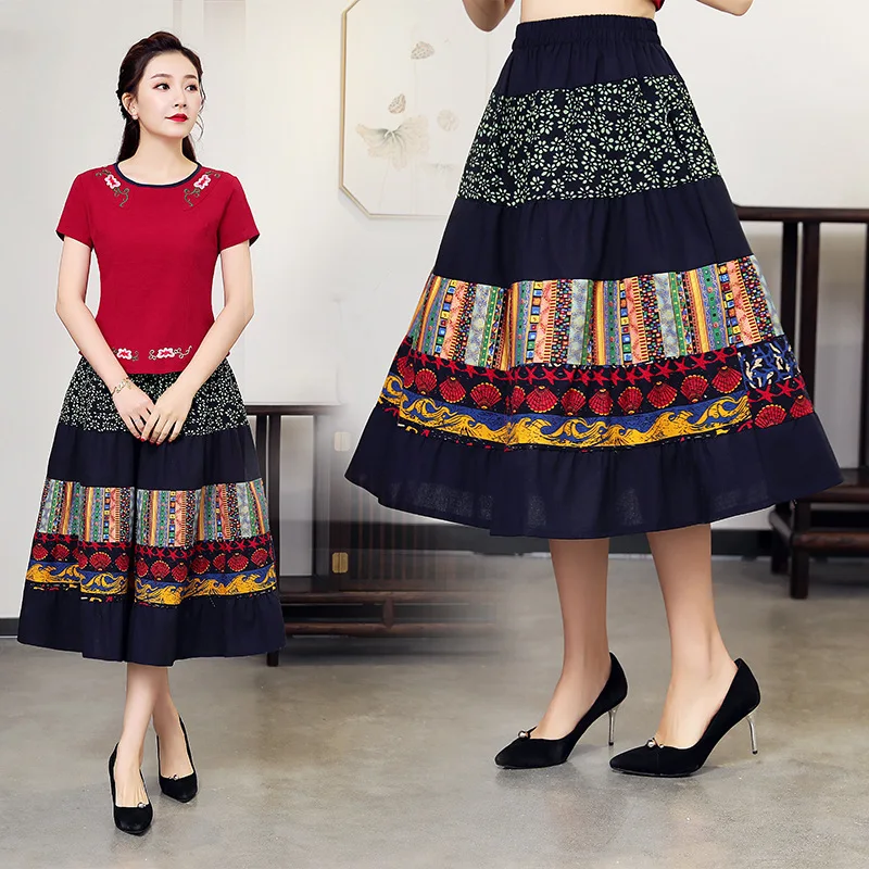 

New Summer Ethnic Literature And Art Joint Big Hemline Elastic Waist Skirt Women's