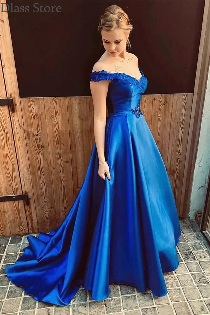 

Royal Blue Prom Dress Satin A-line Simple Backless Lace-up Off Shoulder Applique V-neck Evening Dress robe de soirÃ©e de mariage