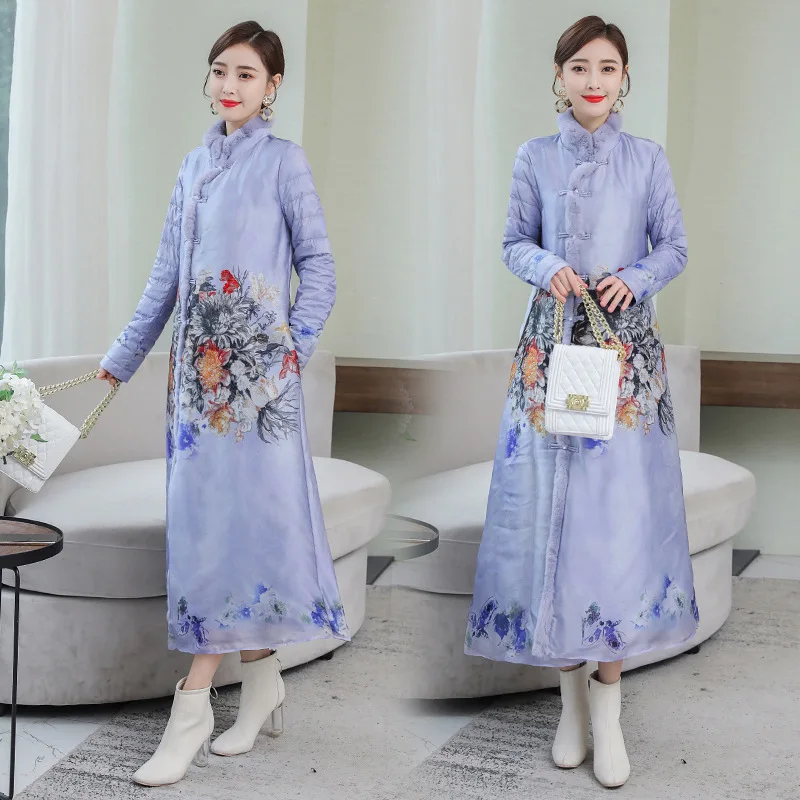 

2019 Winter New Style Ethnic-Style Fur Collar down Jacket Women's Printed Joint Real Silk White Duck down Feather Coat