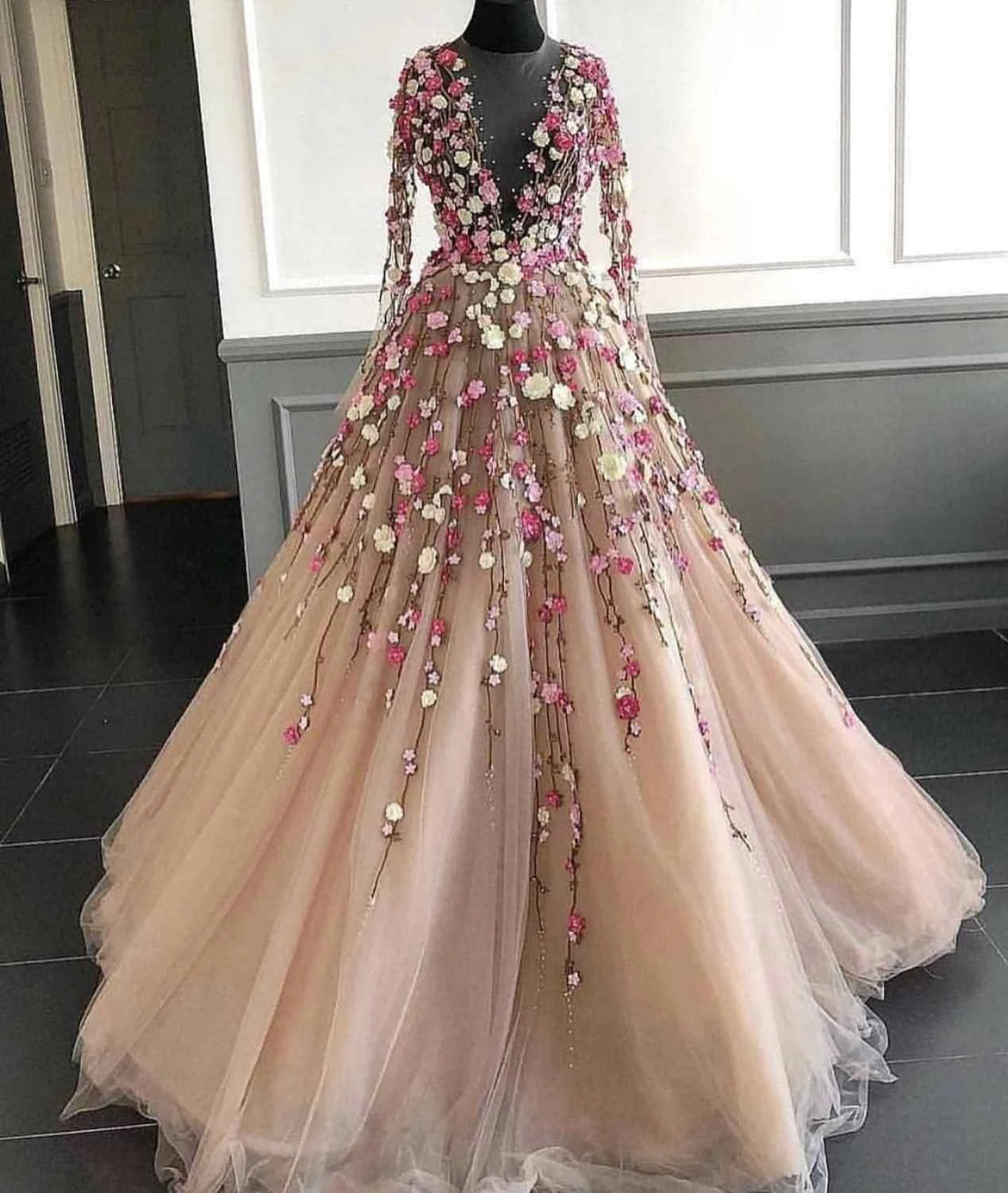 かわいいシャンパンイブニングドレスイリュージョンフルスリーブ Coloful と 3d 花 A ラインチュールウエディングドレスフォーマルドレス Abendkleider Evening Dresses Aliexpress