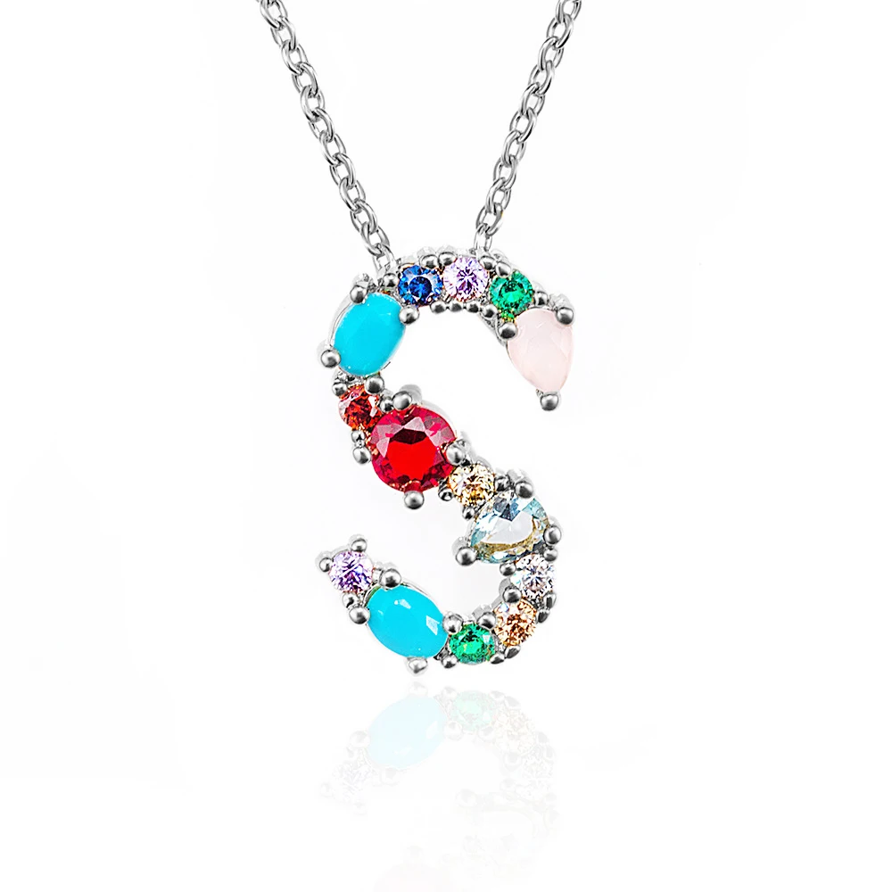 Серебряное многоцветное ожерелье AZ, индивидуальная буква, циркониевое ожерелье, имя, ювелирные изделия, Женские аксессуары, подарок подруге - Окраска металла: S