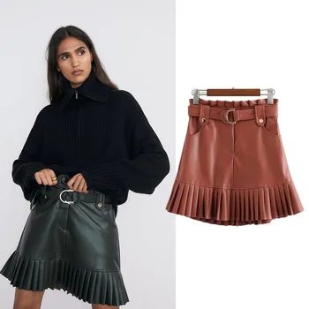 

Spring Solid Color PU Pleated Slimming Pocket Decoration A- Line Skirt Black Pink Dark Green Women Skirt