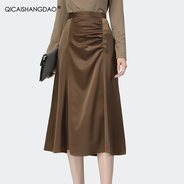 Jupe longue plissée en Satin kaki pour femmes, mode, taille haute, ligne a,  Slim, tenue de bureau élégante, nouvelle collection printemps 2021 -  AliExpress