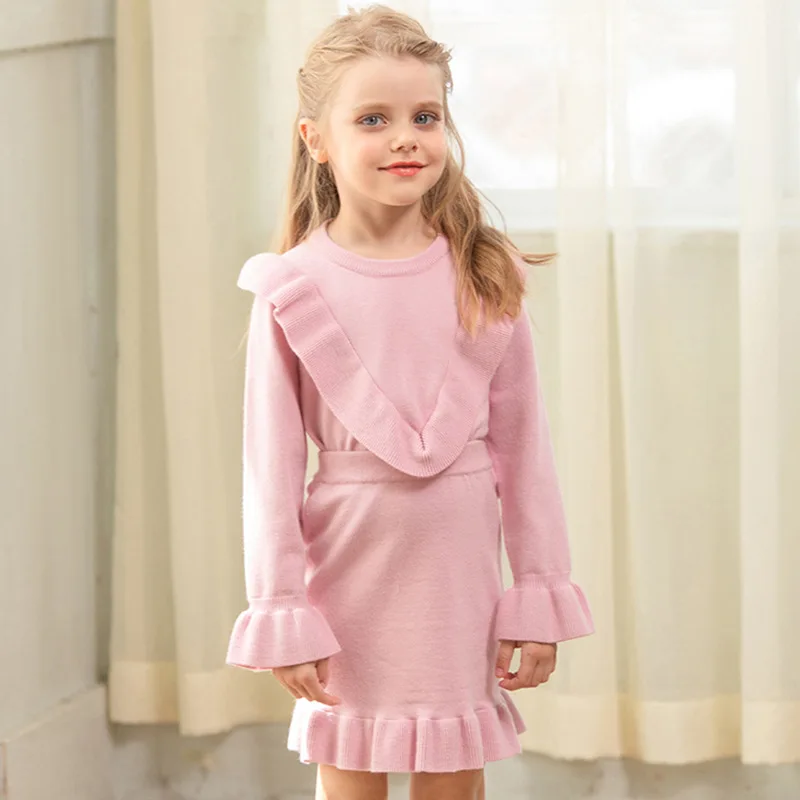 Girls Suit Autumn And Winter New Rabbit Cashmere Core Yarn Children's Knitted Sweater Suit British Style Fashion Two-piece