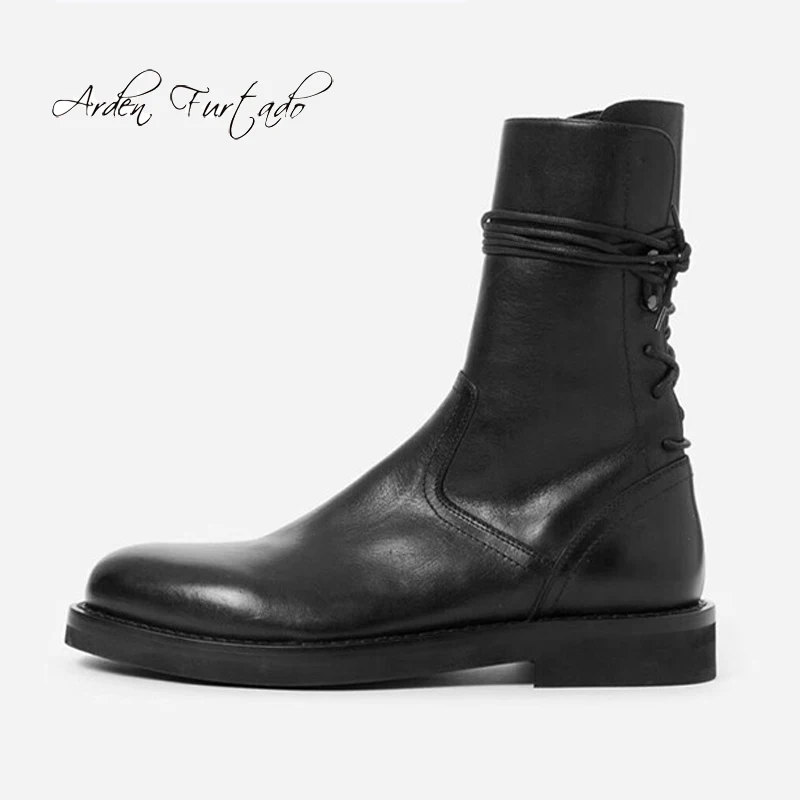 

Arden Furtado Fashion Women's Shoes Winter Elegant Ladies Boots Classics pure color Cross Lacing Matin Boots Leather Concise