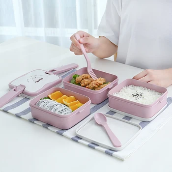

3-Layers Lunch Box Microwave Wheat Straw Large Capacity Bento Box Food Container for Kid Adult