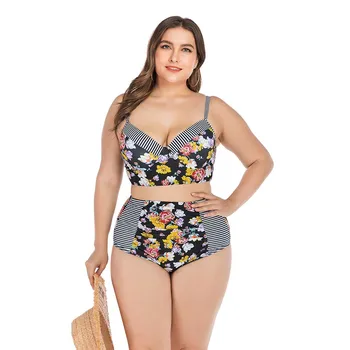 

Stripes Bikini Set Women High Waist Swimsuits Tankini Plus Size Swimwear Retro Big Female Bikinis Bathing Suit 2019 Beachwear