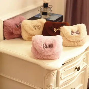 

Cute Kids Girls Solid Color Plush Bowknot Pompom Crossbody Shoulder Bag Pouch Kids Waist Packs Cartoon Phone Pouch