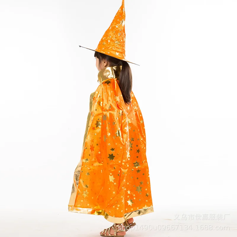 Halloween Cloak Children's Watch Performance Magician Wizard Bronze Five-Star Mantle Cloak Hat Set