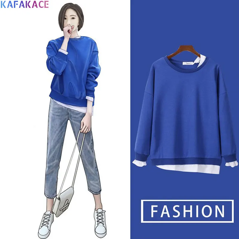 

KAFAKACE 2020 Women Hoodies & Sweatshirts Basic Fake Two-Piece Spliced Hoodies Tops&Tees Casual Long Sleeve Sweatshirts Pullover