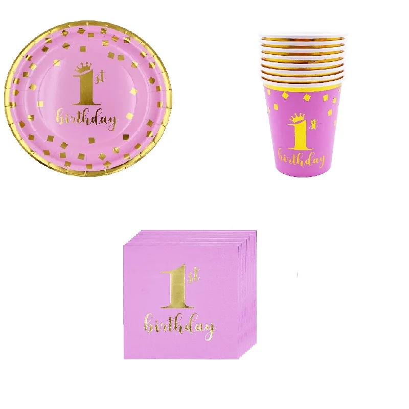 

Baby Shower Disposable Girl Pink Party Tableware 1st Birthday Party Decoration Kids Happy Birthday tableware