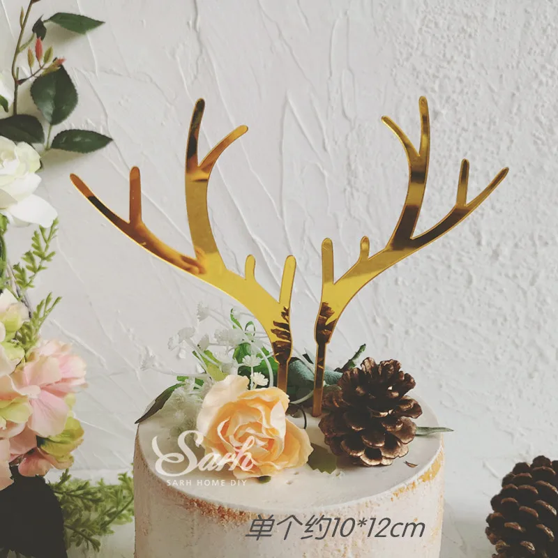 A pair of antlers Акриловые рождественские олени, Золотые елки, топперы для торта, оленьи рога, снежинка, Новогодние Детские принадлежности для выпечки, подарки для любви - Цвет: A pair of antlers