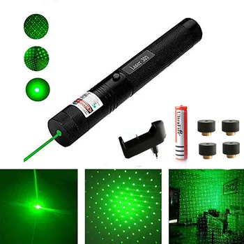 

Green Laser Pointer Pen Astronomy 532nm Powerful Cat Toy Adjustable Focus + 18650 Battery+Charger With 5 Star Caps
