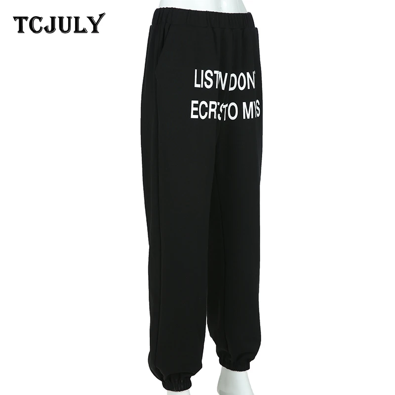 TCJULY Модные Хлопковые Штаны-шаровары с буквенным принтом, женские повседневные черные брюки с эластичной резинкой на талии, уличные обтягивающие штаны для бега