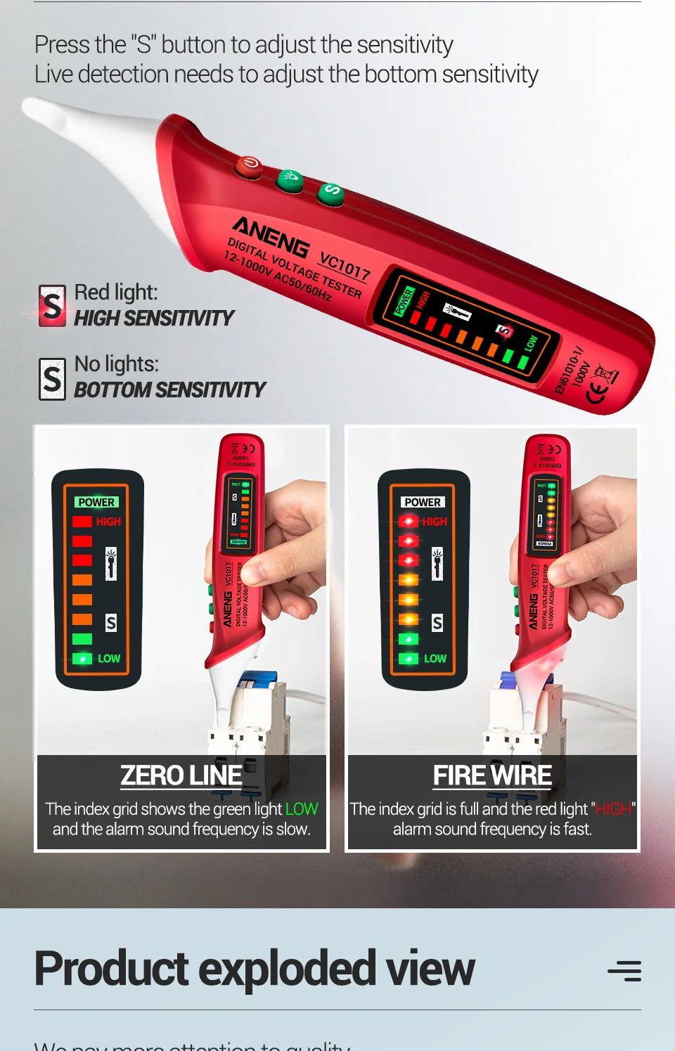 ANENG VC1017 AC Voltage Detector Tester Meter 12V-1000v Non-contact Pen Style Electric Indicator LED voltage meter vape pen