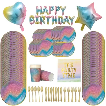 

Birthday Party Shining Starry Sky Theme Disposable Tableware Set Rainbow Color Paper Plates Cup Napkin Spoon Fork Party Supplies