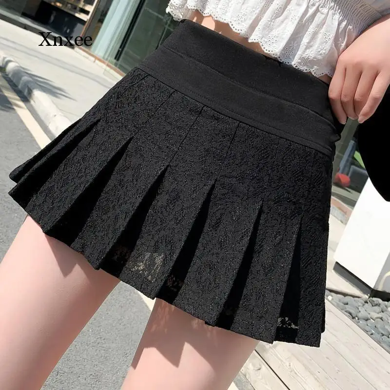 

Y2K Mini Pleated Skirt Korean Sexy Summer Female High Waist Solid Lace a Line Skirts Hollow Short Skirt Women Bow Tie Clothing