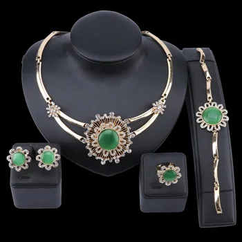

Indian Luxury Vintage Crystal Fine Jewelry Set Earring Necklace Antique Green Austrian Stone Turkish Wedding Jewellery