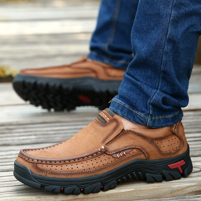 Men Genuine Leather Hiking Shoes Men Cow Leather Casual Shoes Male Outdoor Breathable Men Flats Walking Footwear Plus Size 38-48