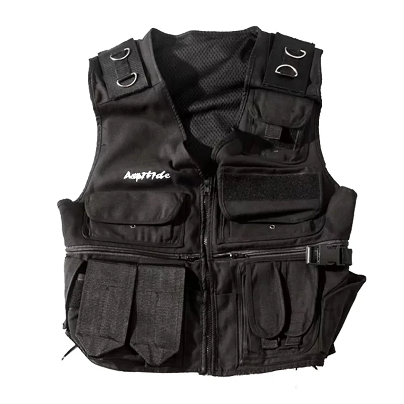 

April MOMO 2019 Hip Hop Sleeveless Vests Side Lace Up Cargo Waistcoat Pockets Zipper Military Jacket Streetwear Tactical Vest