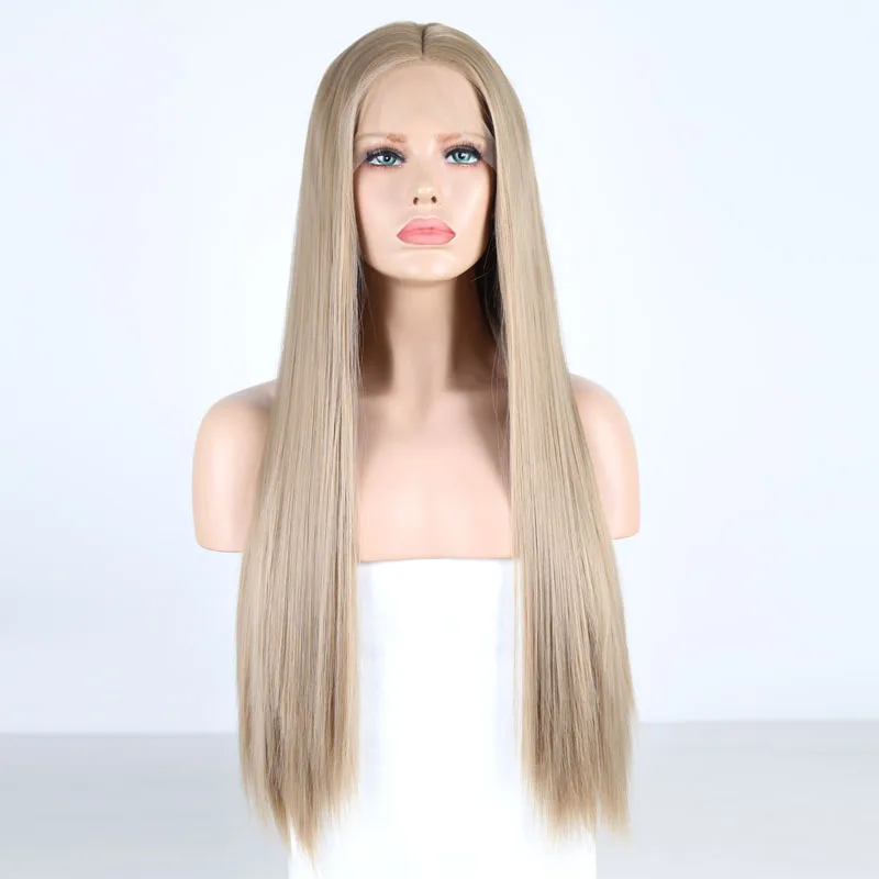 Харизма средняя часть пепельный блонд синтетический парик на кружеве шелковистые прямые термостойкие волокна волос Косплей парики на шнурке для женщин