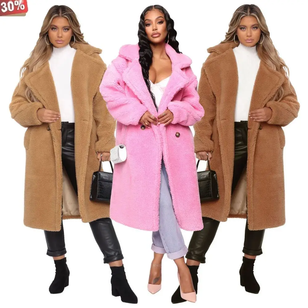 Пальто с меховым воротником, зимнее плотное пальто, элегантное свободное теплое шерстяное пальто, женские пальто с карманами, длинное шерстяное пальто