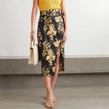 

New Women Linen Midi Skirt 2020 New Split Slim Waist side lace up long SKits Flowers Print Clothing