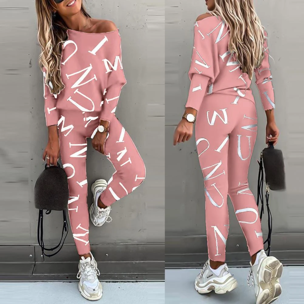 Conjunto de manga larga para mujer, chándal con estampado de letras, Top, pantalones, de - AliExpress