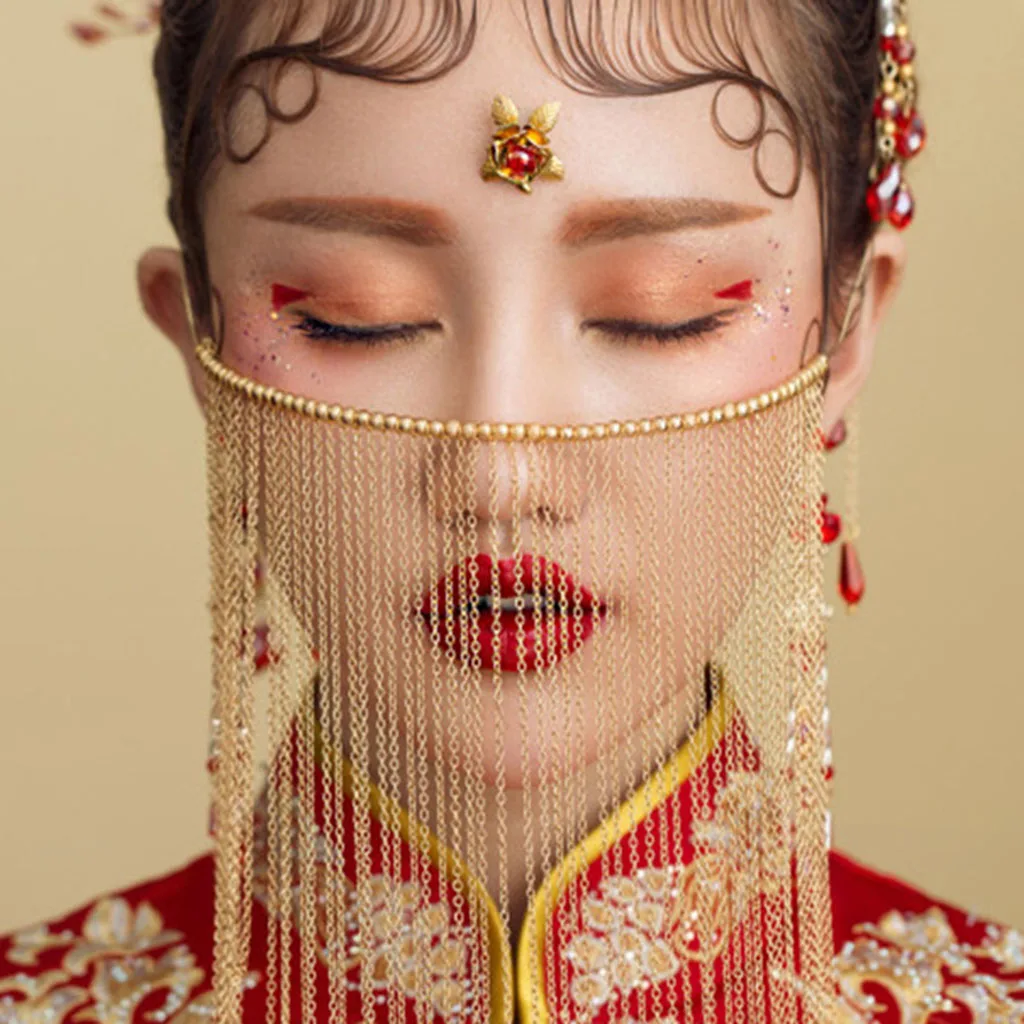 Traditional Chinese Golden Chain Tassel Red Beads Bridal Wedding Veil Curtain Fringed Elegant Fashion