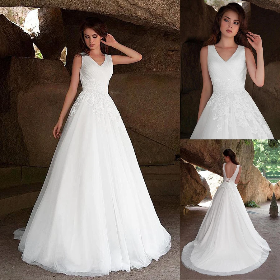 

Modest White V-neck Backless Appliques Ball Gown Robe De Mariee Court Train Custom-Made Wedding Dresses 2019