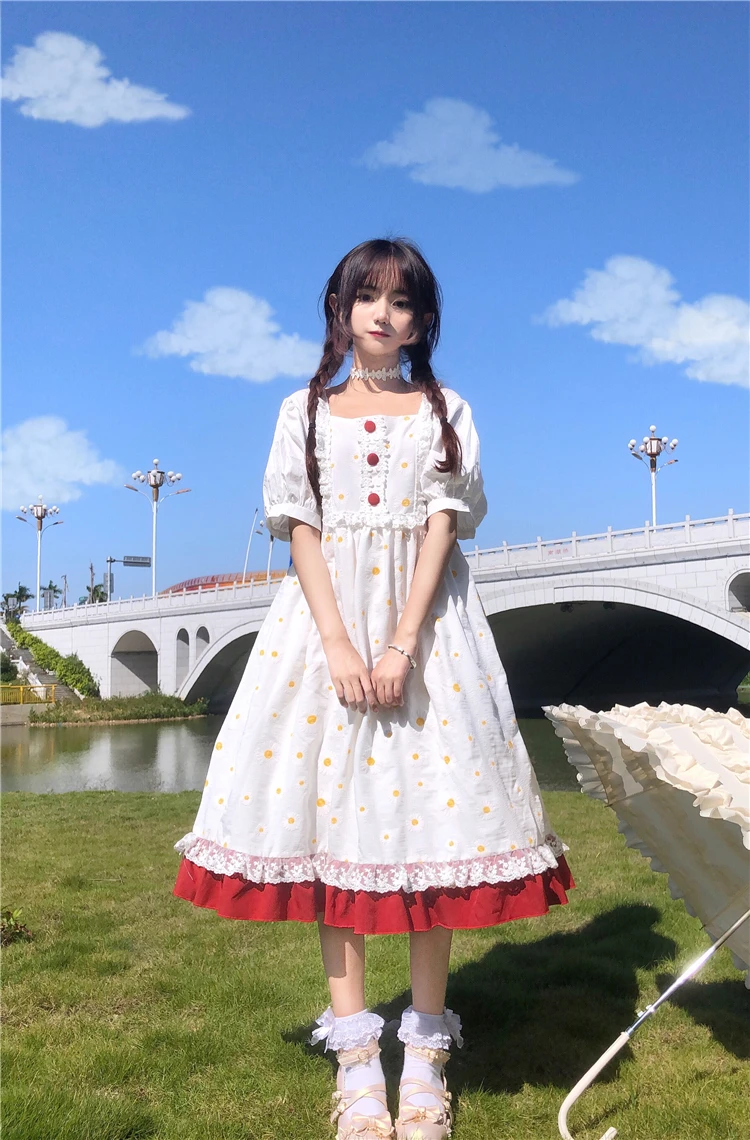 Japanese Summer Sweet Floral Dress Kawaii Lolita Style Square Collar Dress Vintage Puff Sleeve Cute Ruffles Mori Girl Dresses
